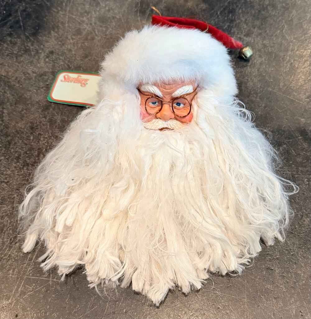 Vintage 1990’s Sterling Santa Claus Head Ornament Wire Glasses Fur Beard W/ Tag
